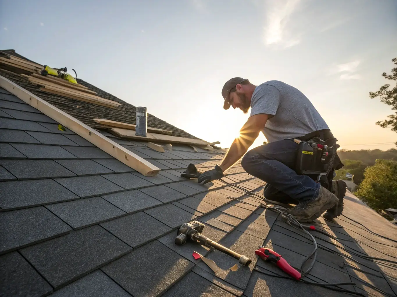 A roofer repairing a damaged roof with missing shingles, focusing on the meticulous process and attention to detail. The image should convey reliability and expertise.