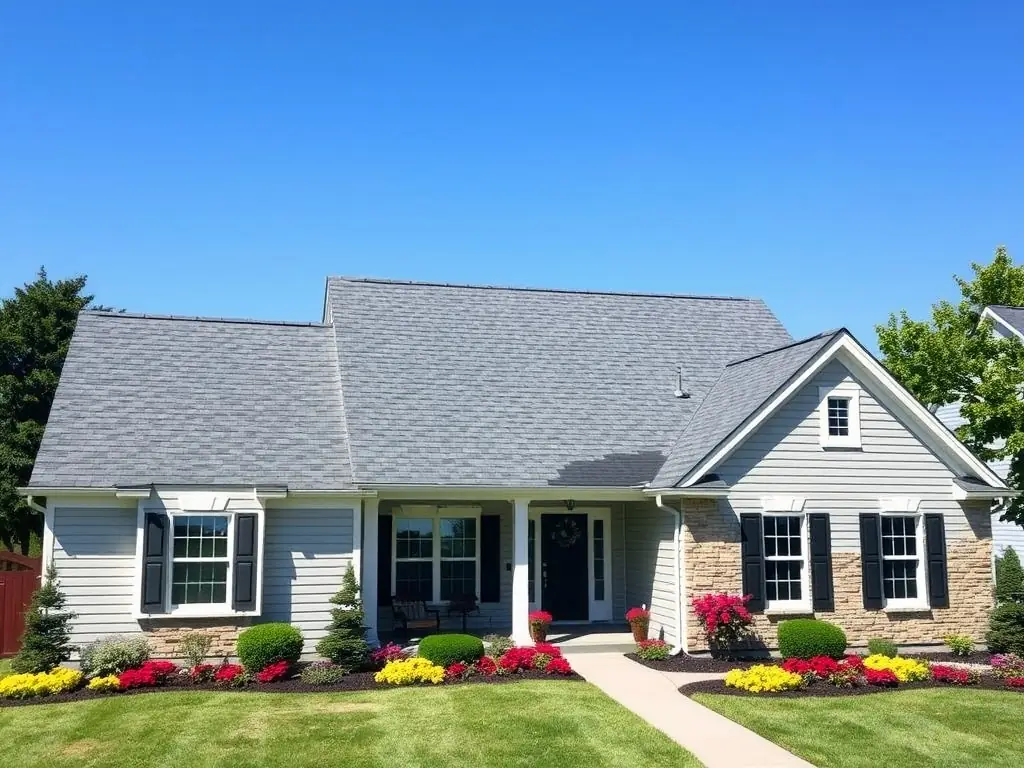 A newly installed shingle roof on a modern residential home, showcasing clean lines and excellent craftsmanship. The image should convey durability and aesthetic appeal.