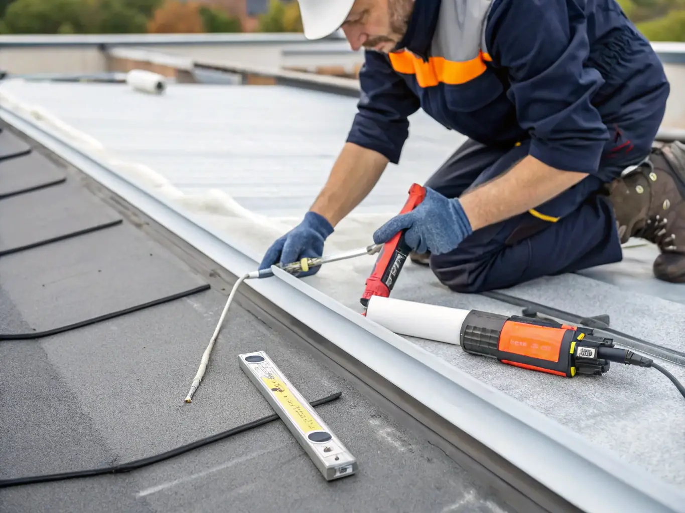 A professional roofing technician installing a TPO roofing membrane on a flat roof, demonstrating the ease and efficiency of the installation process. The image showcases the expertise and precision required for a successful TPO roofing project.