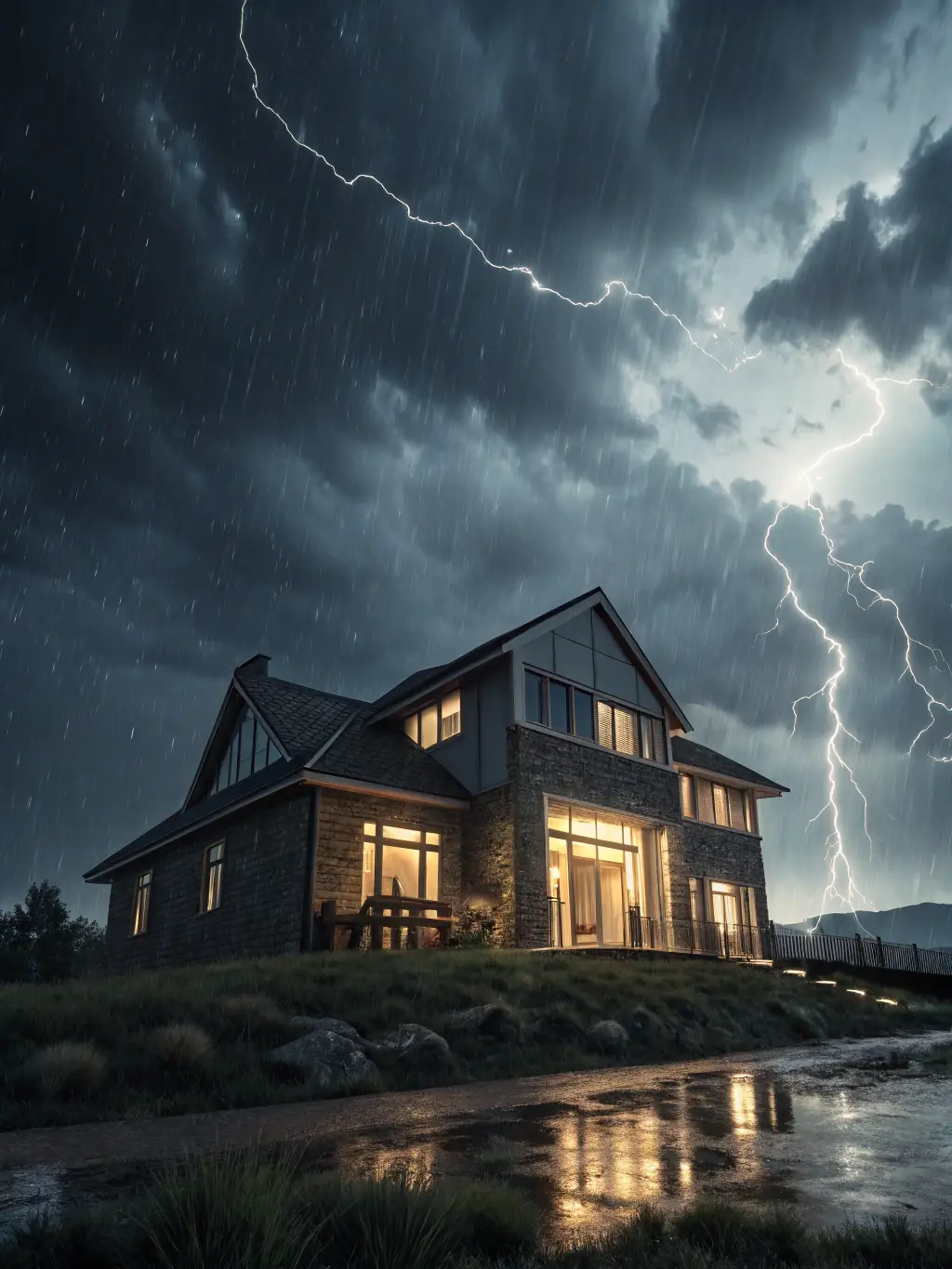 A wide shot of a thatch roof successfully withstanding heavy rainfall, demonstrating its superior weather resistance and durability.