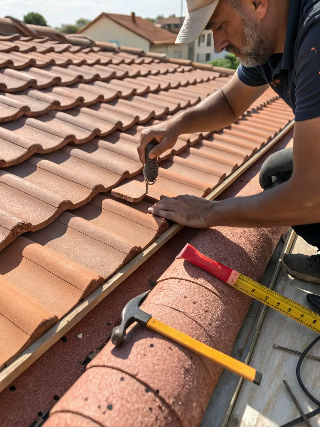 A roofer carefully repairing a damaged section of a tile roof, with tools and materials neatly organized. The image should convey precision and attention to detail in the repair process.
