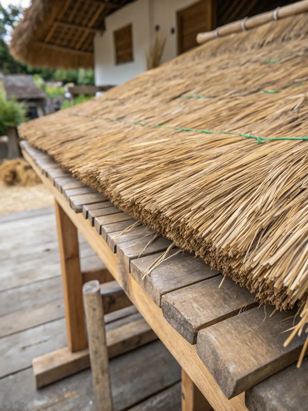 A close-up shot of a meticulously crafted thatch roof, showcasing the intricate layering and natural texture of the materials used by Progressive Roofing Services.