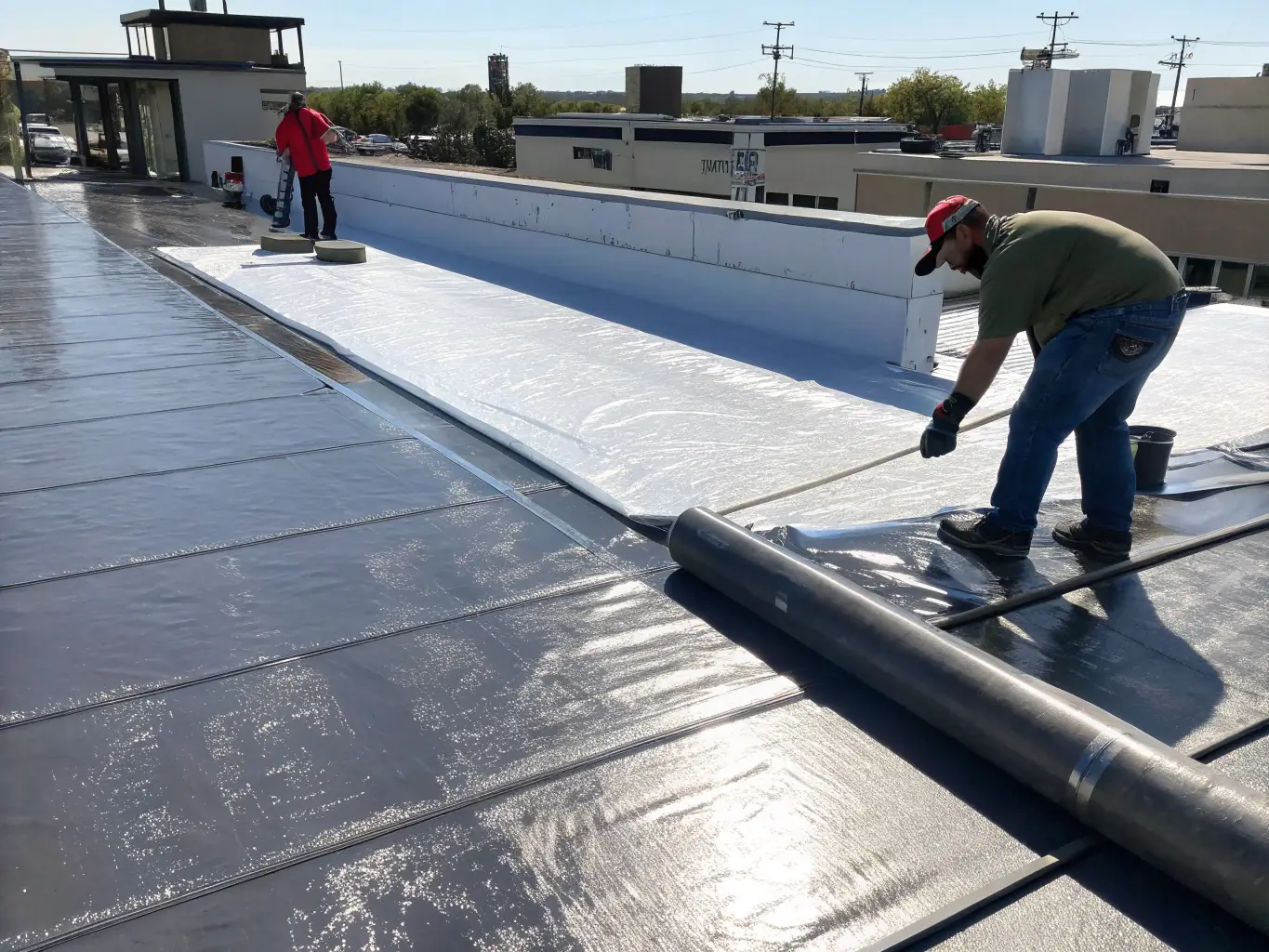 A close-up shot of a newly installed TPO roofing system on a commercial building, showcasing its clean, white surface and seamless installation. The image emphasizes the modern and energy-efficient appearance of the roof.