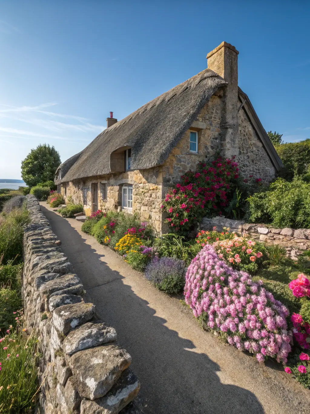A picturesque view of a completed thatch roof installation on a charming residential property, highlighting its aesthetic appeal and unique character.