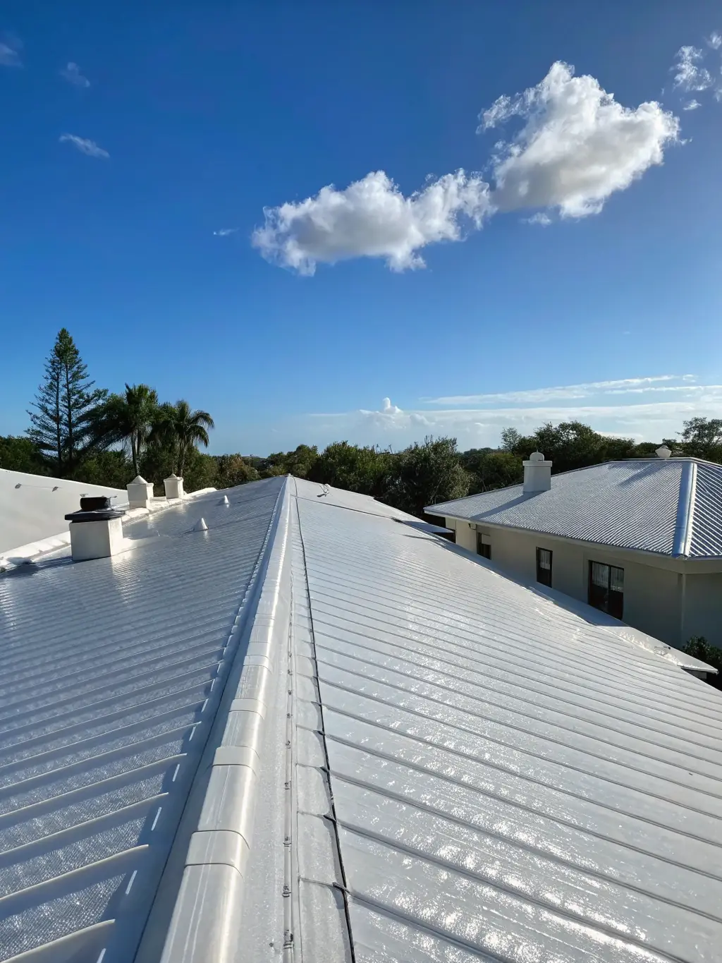 A well-maintained roof with clean gutters and no visible signs of wear, set against a clear blue sky. The image should emphasize the importance of regular maintenance in prolonging roof life.