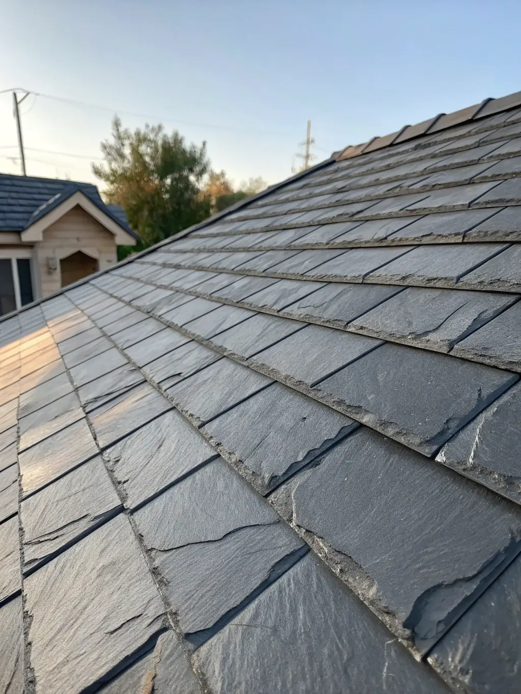 A high-resolution image of slate roofing shingles, emphasizing their natural texture, color variations, and elegant appearance, installed on a luxury home by Progressive Roofing Services.