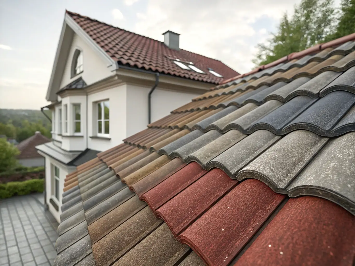 A close-up shot of meticulously arranged red clay roofing tiles, showcasing their texture and interlocking design, installed by Progressive Roofing Services.