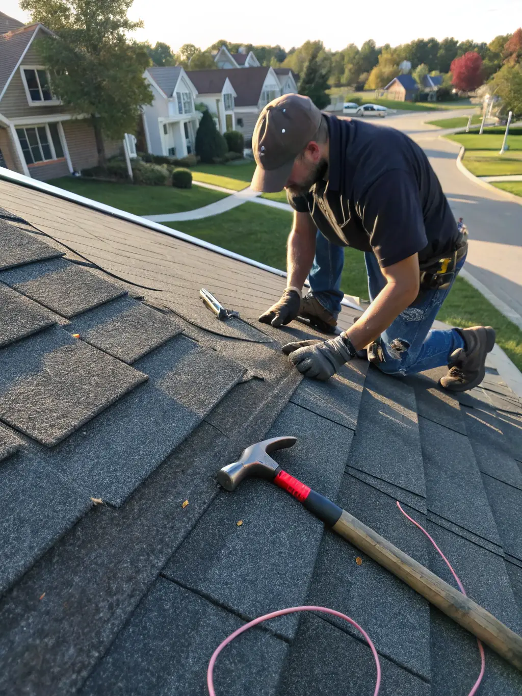A close-up shot of asphalt shingles with a dimensional appearance, showcasing their layered design and textured surface, installed on a residential roof by Progressive Roofing Services.