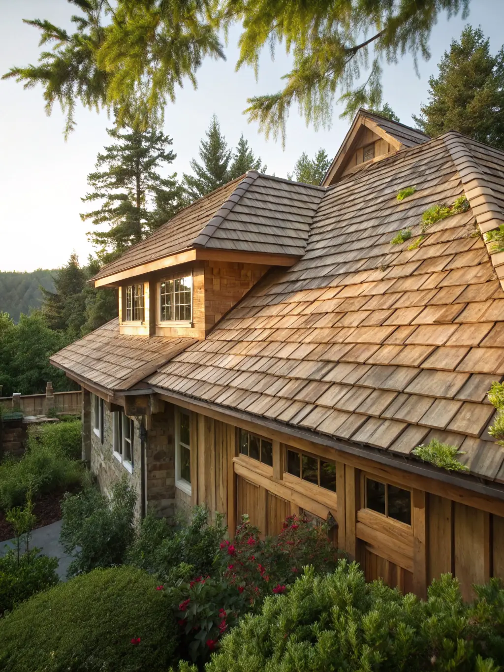 A detailed image of synthetic shingles that mimic the look of wood shake, showcasing their realistic texture and color variations, installed on a modern home by Progressive Roofing Services.