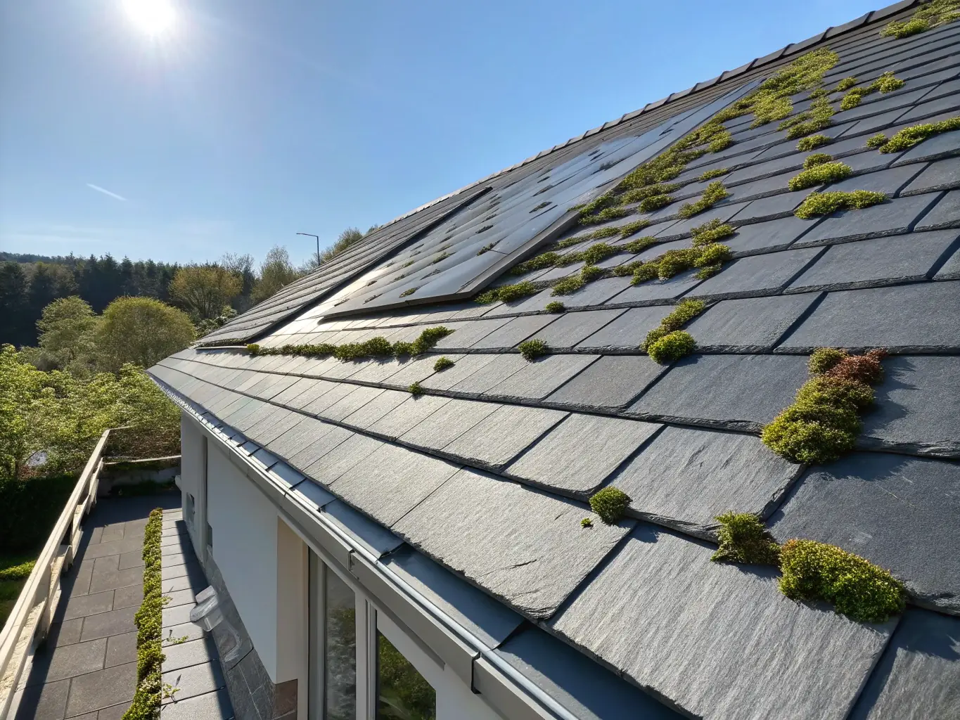 A modern roof installation featuring sleek, gray concrete tiles, highlighting their clean lines and contemporary appeal, installed by Progressive Roofing Services.