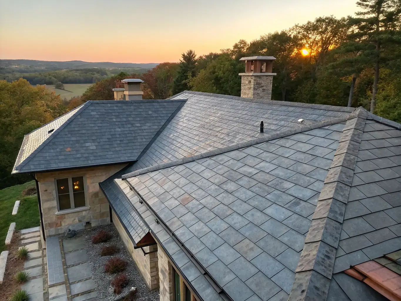 A vibrant, multi-colored roof made with slate tiles, showcasing the unique patterns and natural beauty of the material, installed by Progressive Roofing Services.